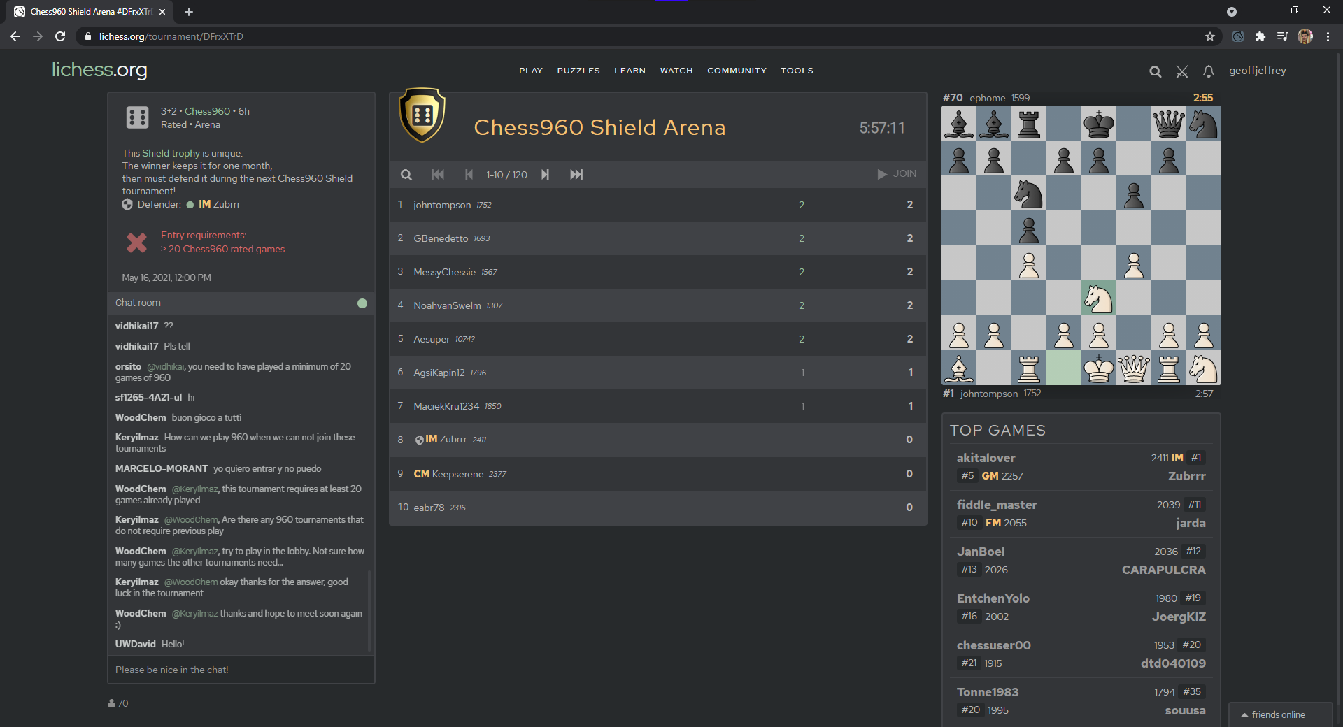 Screenshot of arena with prettierlichess enabled